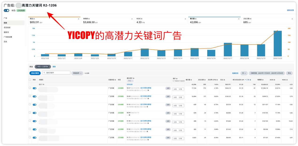 高潜力关键词广告组投放效果